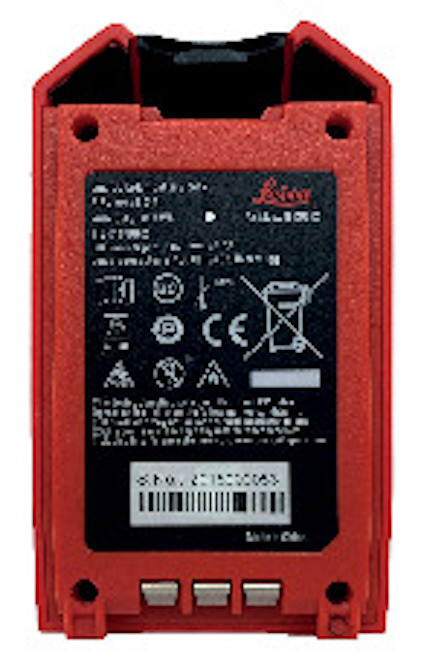 Röd batteripack med svart etikett, specifikationer och varumärkestext på framsidan.