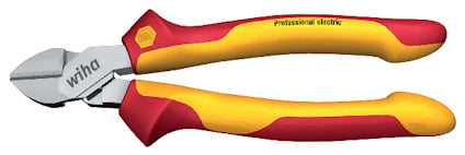 Sidavbitare med rött och gult ergonomiskt handtag, text "Professional electric" och "Wiha" synlig.