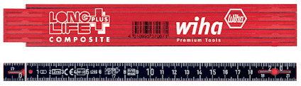 Röd mätsticka med texten "LONGLIFE PLUS COMPOSITE" och "wiha Premium Tools". Svart linjal med vita markeringar och siffror.