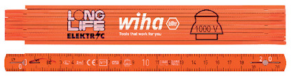 Orange tumstock med texten "LONG LIFE ELEKTRIC", "wiha", och symbol för 1000 V, samt måttskala i centimeter.