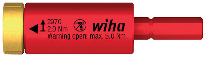 Röd vridmomentadapter med märken för 2.0 Nm, Wiha-logotyp och varningstext för max 5.0 Nm.