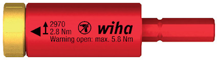 Röd och gul vridmoment-adapter med text: "2970 2.8 Nm Warning open: max. 5.8 Nm" samt Wiha-logotyp.