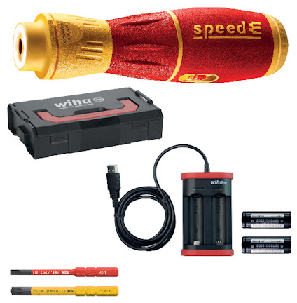 Elektrisk skruvmejsel med röd och gul design, medföljande batterier, laddare och förvaringsväska.