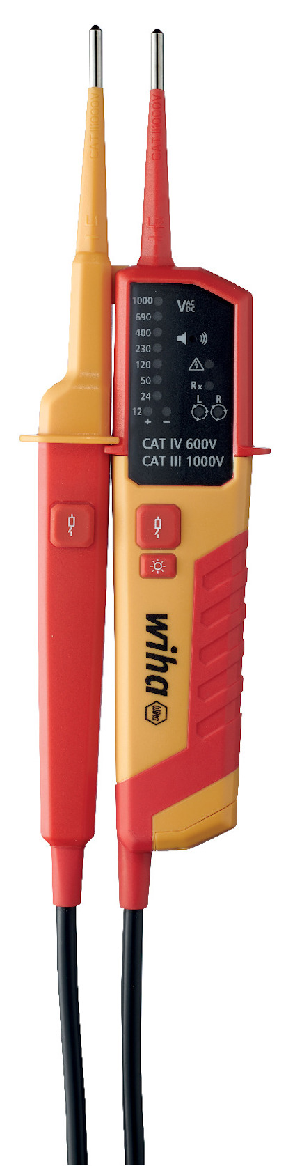 Spänningstestare med två mätstavar, gul och röd, text "CAT IV 600V CAT III 1000V" på skärmen.