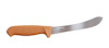 Slaktkniv med brunt ergonomiskt handtag och böjt blad av rostfritt stål.