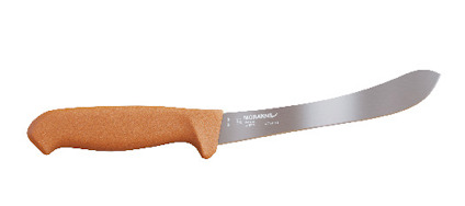 Slaktkniv med brunt ergonomiskt handtag och böjt blad av rostfritt stål.