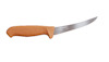 Kniv med svängt blad och orange handtag, märkt "MORAKNIV" på bladet.