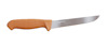 Kniv med orange handtag och glänsande, rakt blad. Text "MORAKNIV SWEDEN" synlig på bladet.