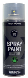 Sprayburk med texten "SPRAY PAINT ELITE" och "FINISH RAL 9005". Burken är svart med silverdetaljer.
