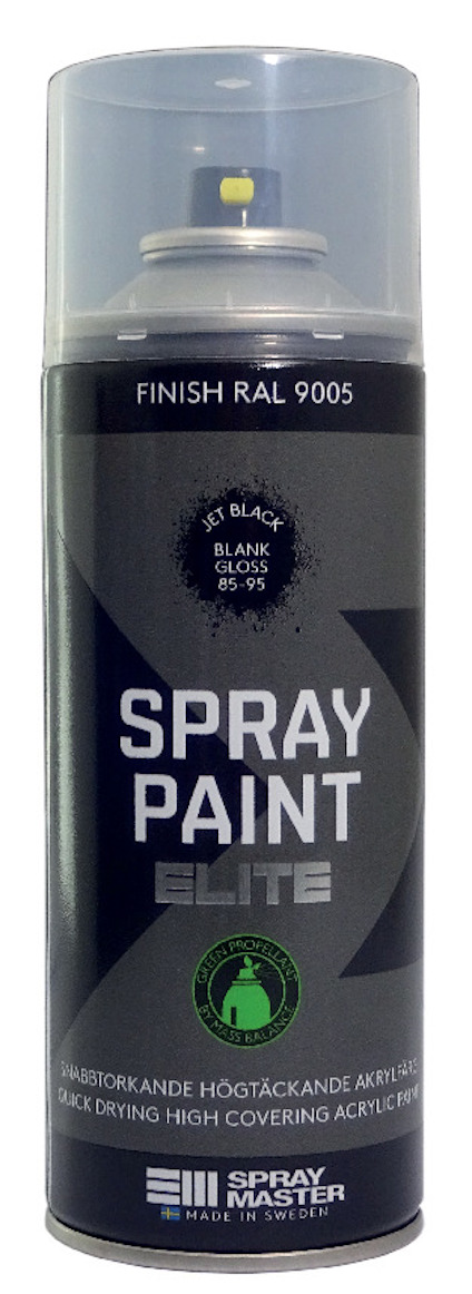 Sprayburk med texten "SPRAY PAINT ELITE" och "FINISH RAL 9005". Burken är svart med silverdetaljer.