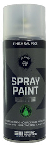 Svart sprayfärgsburk med texten "Spray Paint Elite" och "Finish RAL 9005". Matt ytmärke och grön logotyp.