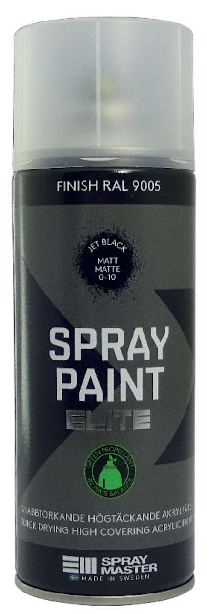 Svart sprayfärgsburk med texten "Spray Paint Elite" och "Finish RAL 9005". Matt ytmärke och grön logotyp.