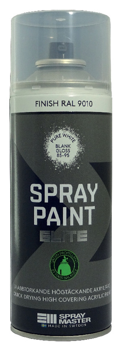 Sprayburk med texten "SPRAY PAINT ELITE FINISH RAL 9010 BLANK". Grå och vit etikett med transparent lock.