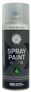 Sprayburk med etiketttext: "SPRAY PAINT ELITE," "FINISH RAL 9010," "MATT," och logotypen "SPRAY MASTER."