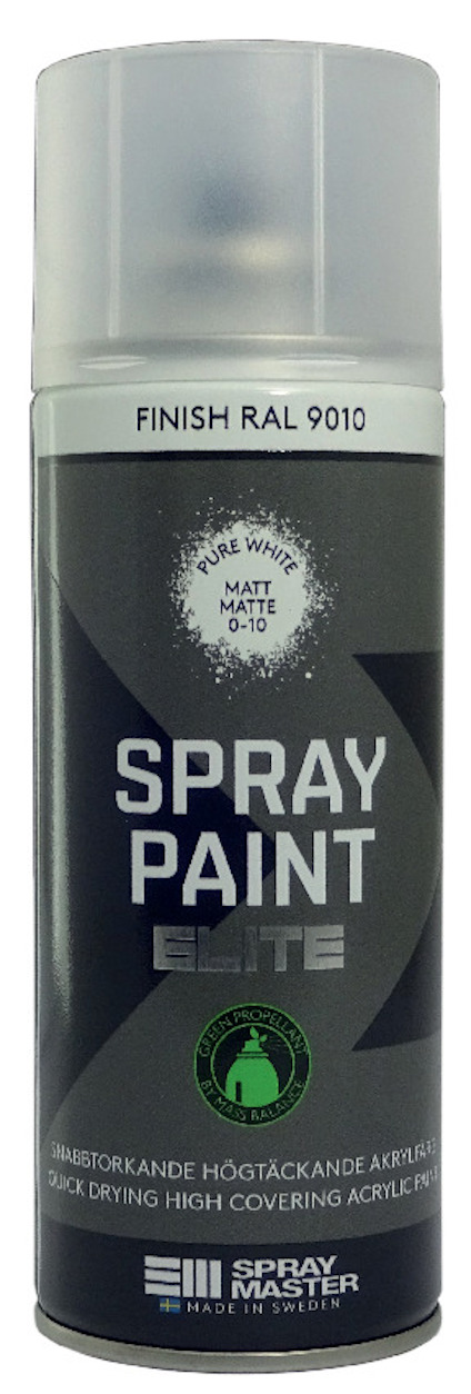 Sprayburk med etiketttext: "SPRAY PAINT ELITE," "FINISH RAL 9010," "MATT," och logotypen "SPRAY MASTER."