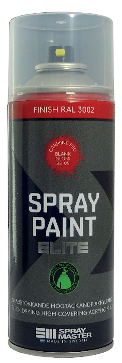 Sprayburk märkt "Spray Paint Elite" med röd färgkod RAL 3002 och text på etiketten.