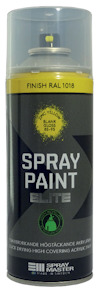 Sprayfärgsburk med etiketttext: "SPRAY PAINT ELITE", "FINISH RAL 1018", "PLASTIC YELLOW BLANK GLOSS", "Spray Master Made in Sweden".