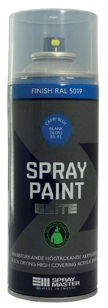 Sprayburk med etikett; text inkluderar "SPRAY PAINT ELITE", "FINISH RAL 5019", "BLANK GLOSS 85-95", och "MADE IN SWEDEN".