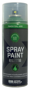 Sprayburk med grön kork märkt "Finish RAL 6001" och etikett "SPRAY PAINT ELITE".