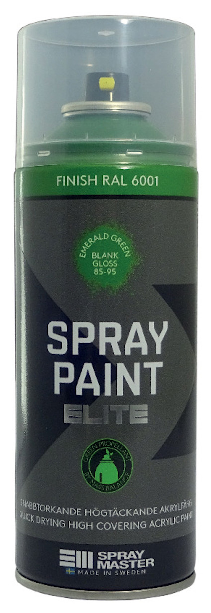 Sprayburk med grön kork märkt "Finish RAL 6001" och etikett "SPRAY PAINT ELITE".