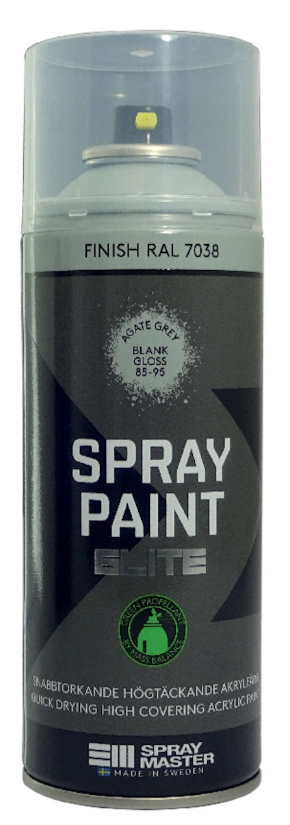 Sprayburk med texten "SPRAY PAINT ELITE", grå färgkod "RAL 7038", och etikett med rund logotyp.