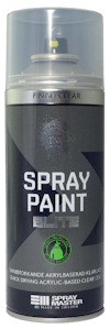 Sprejburk Spray Paint Elite med etiketttext: "Finish Clear", "Snabbtorkande akrylbasserad klarlack", och "Made in Sweden".