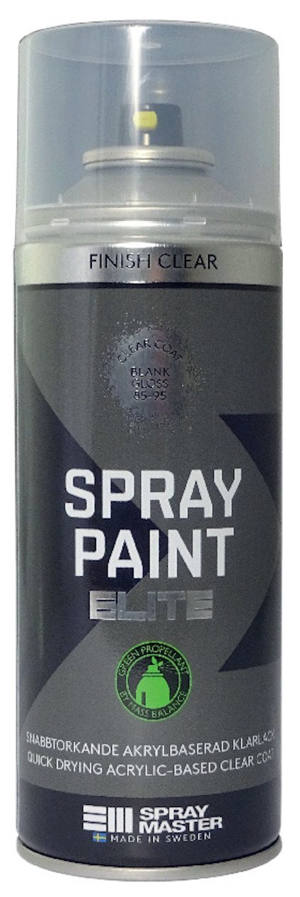 Sprejburk Spray Paint Elite med etiketttext: "Finish Clear", "Snabbtorkande akrylbasserad klarlack", och "Made in Sweden".