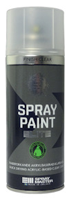 Sprayburk med texten "Spray Paint Elite" och "Finish Clear, Matt" på framsidan.