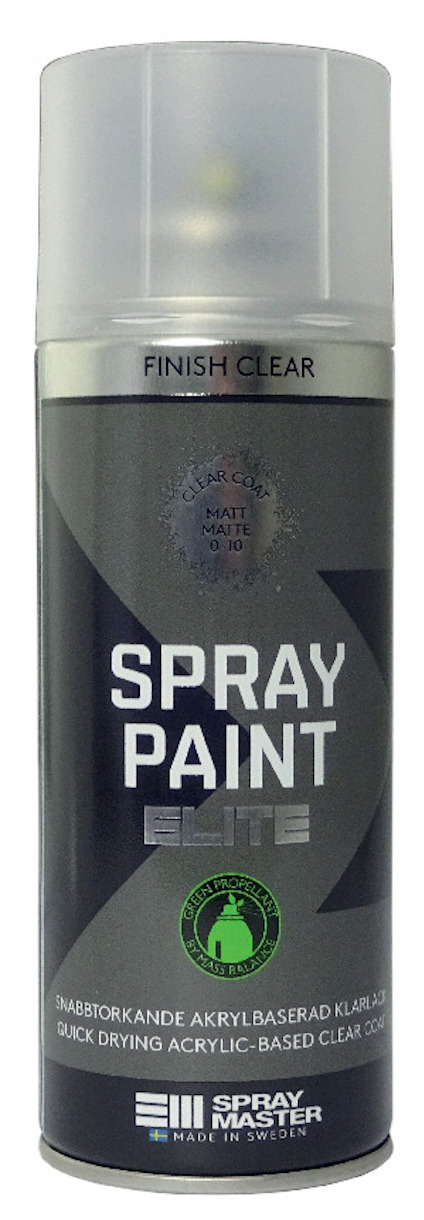 Sprayburk med texten "Spray Paint Elite" och "Finish Clear, Matt" på framsidan.