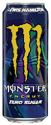 Blå burk Monster Energy Zero Sugar med texten "Lewis Hamilton" och den gula logotypen på framsidan.