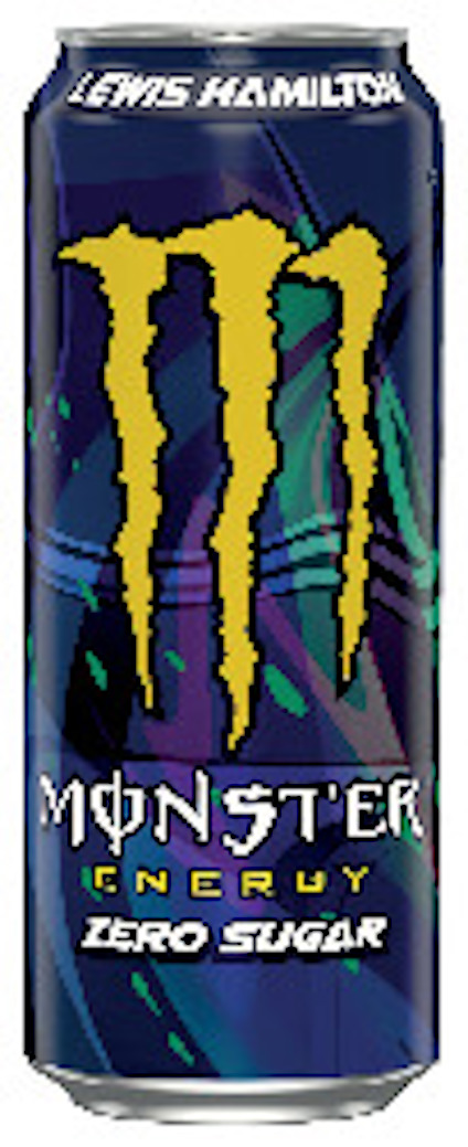 Blå burk Monster Energy Zero Sugar med texten "Lewis Hamilton" och den gula logotypen på framsidan.