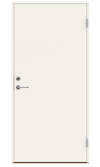 Vit ytterdörr med metallhandtag och två gångjärn på höger sida. Dörren har en minimalistisk design.