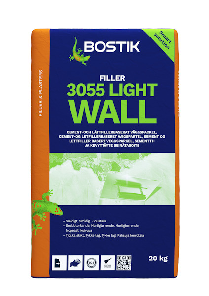Förpackning av Bostik Filler 3055 Light Wall 20 kg med grön gecko på omslaget.