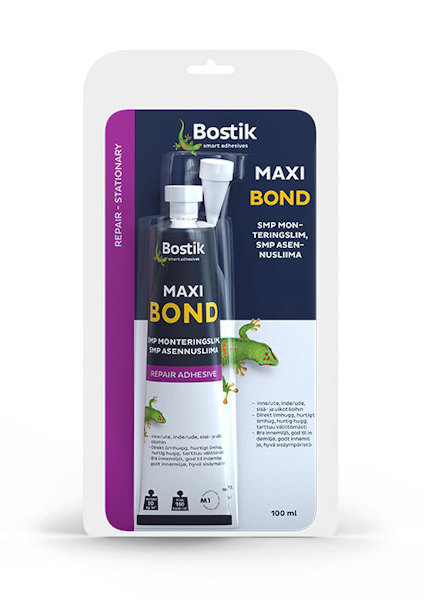 Förpackning av Bostik Maxi Bond lim, 100 ml, i en blisterförpackning med blå och lila detaljer samt text.