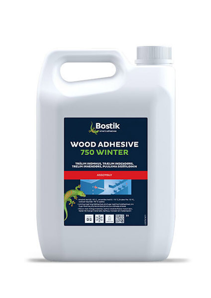 Vit plastdunk med etikett som visar "Bostik Wood Adhesive 750 Winter".