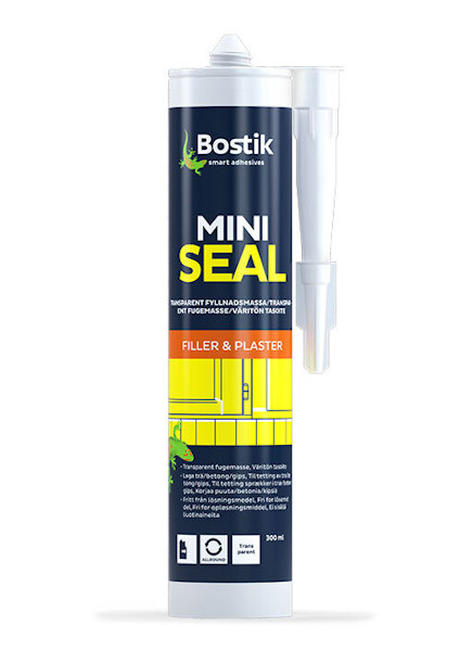 Transparent tub av Bostik MINI SEAL med färgglad etikett och appliceringsmunstycke.