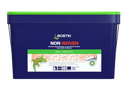 Rektangulär burk med grönt lock och etikett "Bostik NON WOVEN". Vit text och illustration av en grön ödla.
