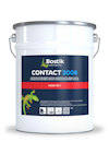 Vit hink med texten "Bostik CONTACT 3006", en grön gecko och flera språkversioner för kontaktlim.