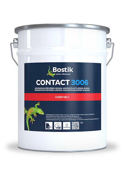 Vit hink med texten "Bostik CONTACT 3006", en grön gecko och flera språkversioner för kontaktlim.