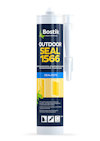 Kassett med grå byggtätningsmassa, etikett med texten "Bostik Outdoor Seal 1566".