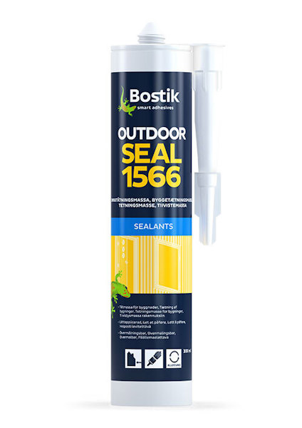 Kassett med grå byggtätningsmassa, etikett med texten "Bostik Outdoor Seal 1566".