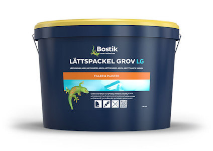 Blå hink med gult lock och etikett för "Bostik Lättspackel Grov LG".