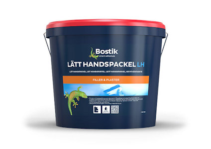Mörk hink med rött lock och texten "Bostik LÄTT HANDSPACKEL LH" samt en illustration av en gecko.