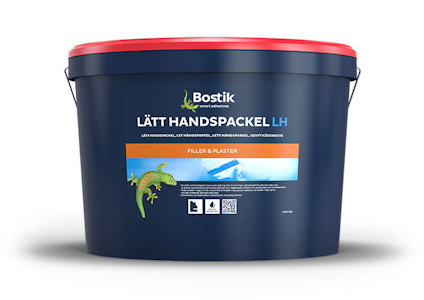 Blå plasthink med röd lock, märkt "Bostik Lätt Handspackel LH" och en grön gecko.