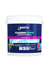 Förpackning med Bostik rengöringsservetter i vit hink med blå etikett och texten "Cleaning Wipes Stationary".