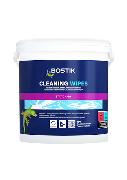 Förpackning med Bostik rengöringsservetter i vit hink med blå etikett och texten "Cleaning Wipes Stationary".