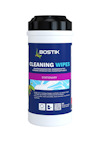 Vit burk med etikett "Bostik Cleaning Wipes". Innehåller text på flera språk och bilder av våtservetter.