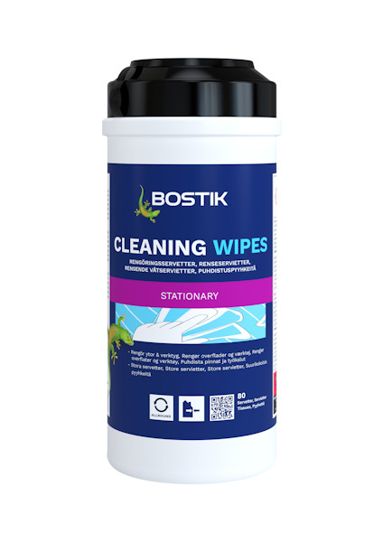 Vit burk med etikett "Bostik Cleaning Wipes". Innehåller text på flera språk och bilder av våtservetter.