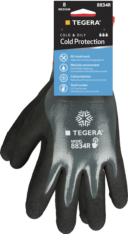 Syntetdoppad handske med svart och grå design. Märkt "TEGERA MODEL 8834R" och "Cold Protection". Förpackningstext synlig.