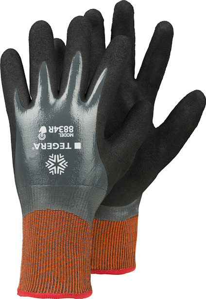Skyddshandskar med svart greppyta och grå handrygg, röd-orange mudd, text: "TEGERA MODEL 883R".